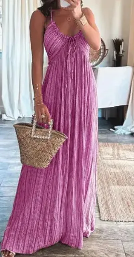 Women Summer Solid Color Sexy Backless U-Collar Strap Maxi Dress
