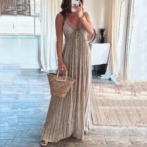 Women Summer Solid Color Sexy Backless U-Collar Strap Maxi Dress