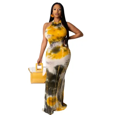 Women Tie Dye Print Fashion Loose Halter Neck Tight Maxi Dress