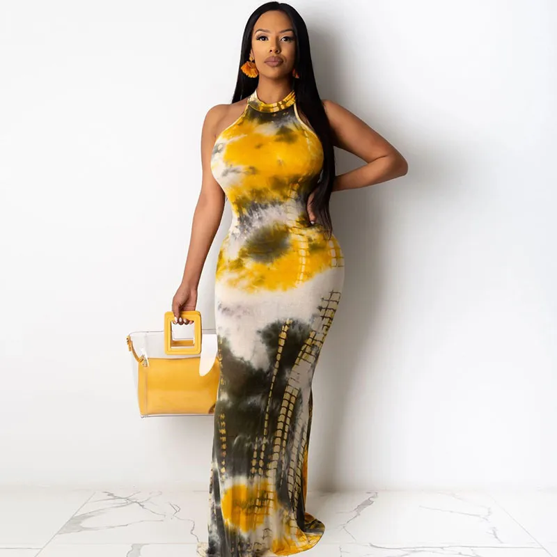 Women Tie Dye Print Fashion Loose Halter Neck Tight Maxi Dress
