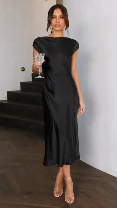 Summer Women Office Elegant Solid Color Swing Collar Back Knot Hollow Short Sleeve Satin Midi Dress