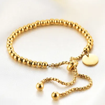18k Gold Stainless Steel Simple Round Coin Pendant Adjustable Ball Bead Lettering Bracelet