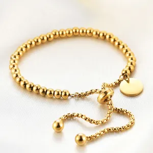 18k Gold Stainless Steel Simple Round Coin Pendant Adjustable Ball Bead Lettering Bracelet