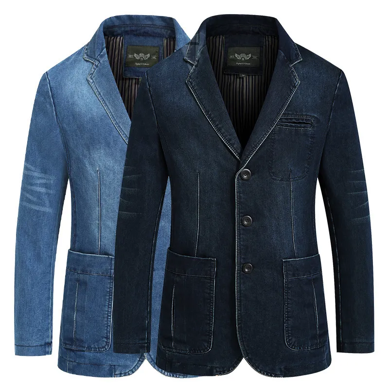 Casual Men Denim Slim Fit Suit Collar Pocket Blazer Jacket