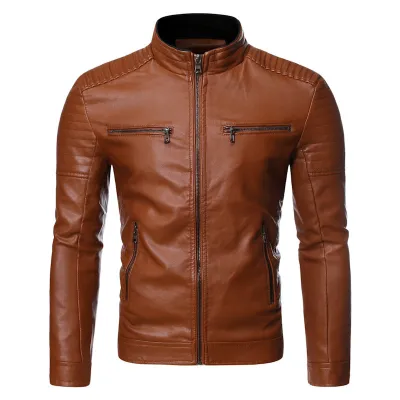 Men Stand Collar Zipper PU Leather Jacket Spring Autumn Fit Type