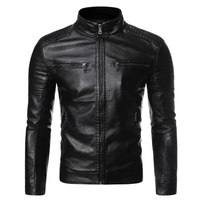 Men Stand Collar Zipper PU Leather Jacket Spring Autumn Fit Type