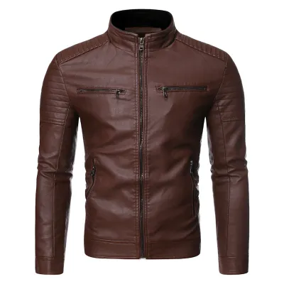 Men Stand Collar Zipper PU Leather Jacket Spring Autumn Fit Type