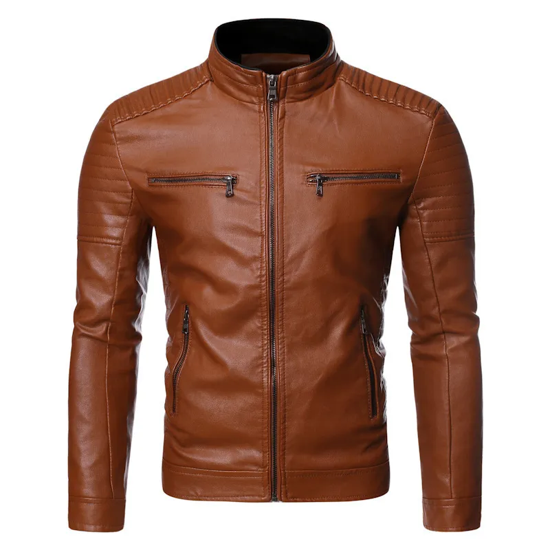 Men Stand Collar Zipper PU Leather Jacket Spring Autumn Fit Type