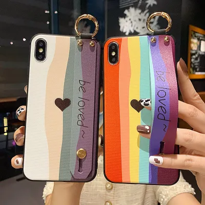 Rainbow Letter Heart Phone Case For Apple 15 Promax Soft Case Samsung S24 Wrist Strap Bracket Phone Case
