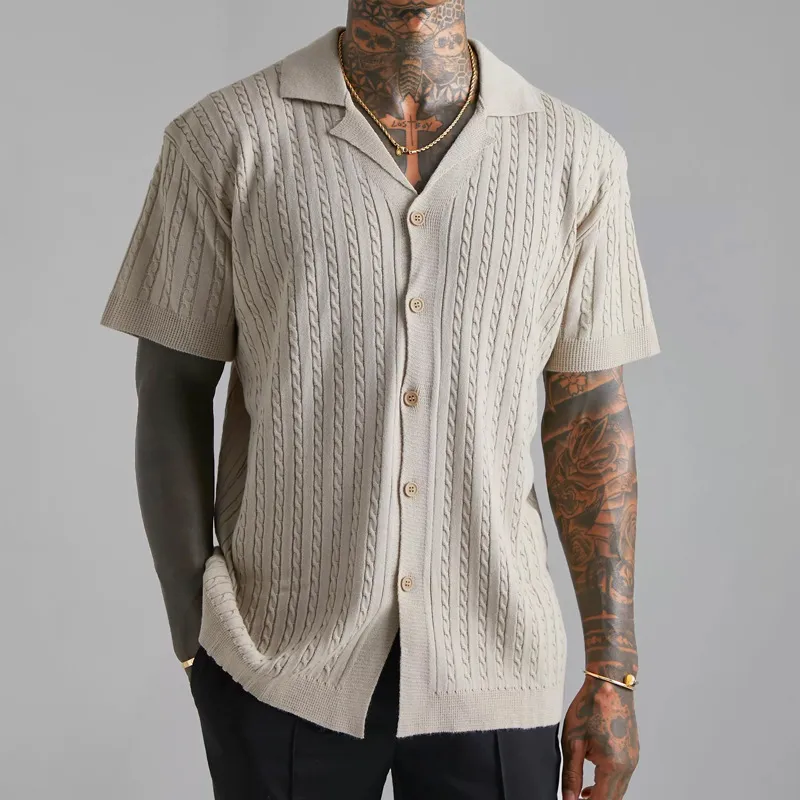Men Summer Breathable Knitted Button Short Sleeve Shirt