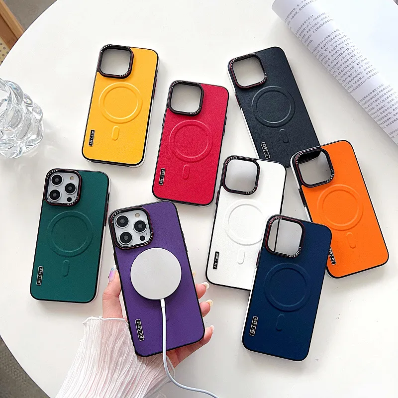 Retro Wind Magnetic Leather Phone Case For Apple 15 Pro Max Samsung S24 Contrast Color Magsafe
