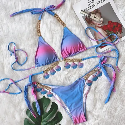 Women Sexy Strap Gradient Print Tassel Bikini