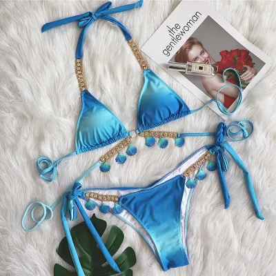 Women Sexy Strap Gradient Print Tassel Bikini