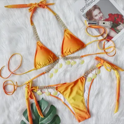 Women Sexy Strap Gradient Print Tassel Bikini