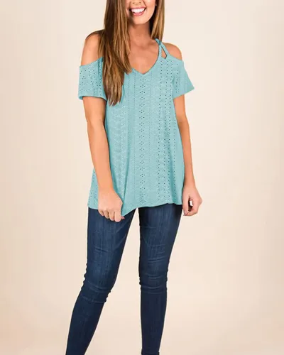 Casual Summer Women Solid Color V-Neck Double Cool Shoulder Blouse