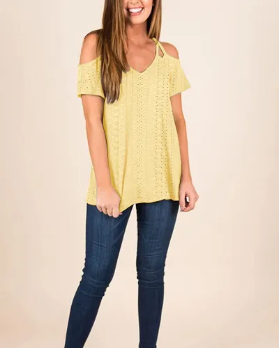 Casual Summer Women Solid Color V-Neck Double Cool Shoulder Blouse