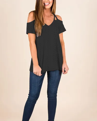 Casual Summer Women Solid Color V-Neck Double Cool Shoulder Blouse