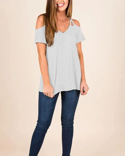 Casual Summer Women Solid Color V-Neck Double Cool Shoulder Blouse