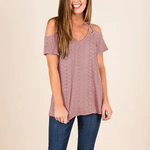 Casual Summer Women Solid Color V-Neck Double Cool Shoulder Blouse