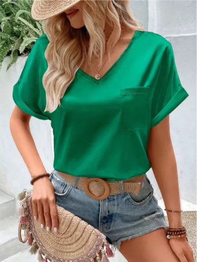 Women Satin V-Neck Pocket Short-Sleeved Loose Solid T-shirt