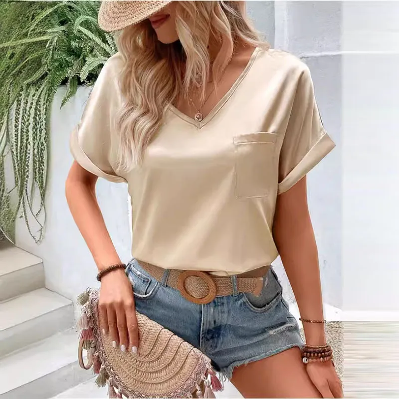 Women Satin V-Neck Pocket Short-Sleeved Loose Solid T-shirt