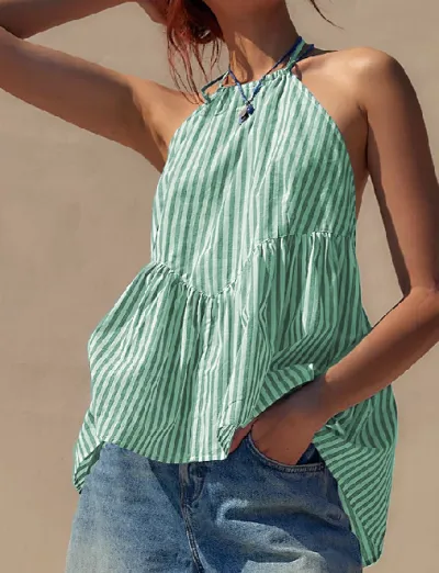 Summer Fashion Women Stripe Lace-Up Backless Halter Neck Ruffled Blouse
