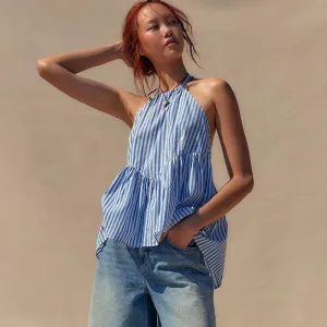 Summer Fashion Women Stripe Lace-Up Backless Halter Neck Ruffled Blouse