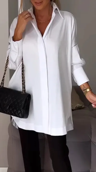 Loose Shirt Office Simple Long Sleeve Solid Color Casual Women Side Slit Blouse