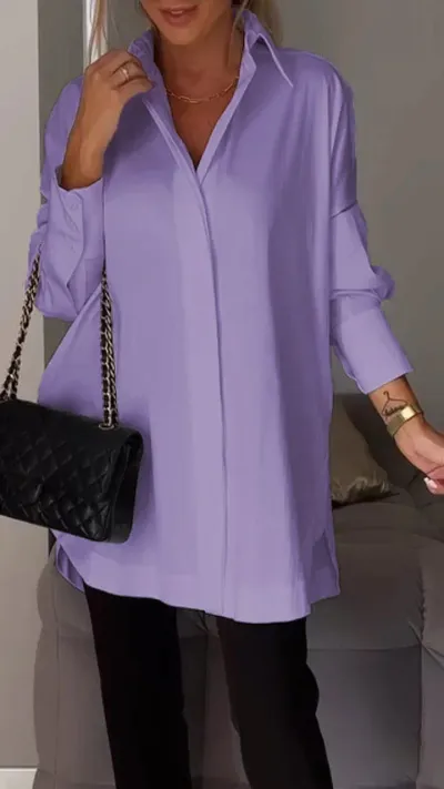 Loose Shirt Office Simple Long Sleeve Solid Color Casual Women Side Slit Blouse
