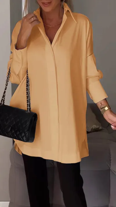 Loose Shirt Office Simple Long Sleeve Solid Color Casual Women Side Slit Blouse