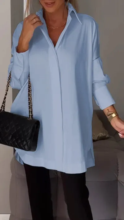 Loose Shirt Office Simple Long Sleeve Solid Color Casual Women Side Slit Blouse
