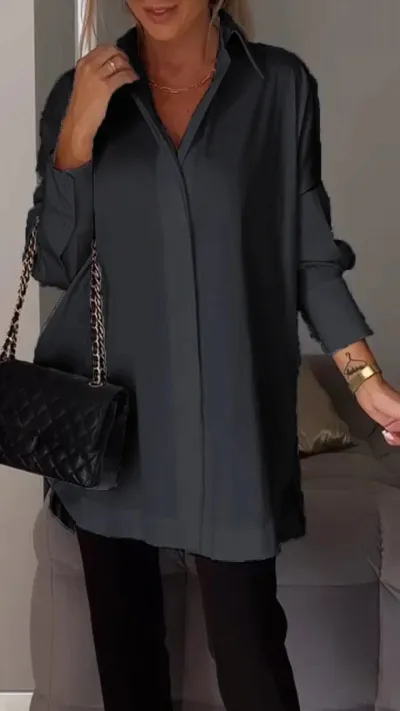 Loose Shirt Office Simple Long Sleeve Solid Color Casual Women Side Slit Blouse