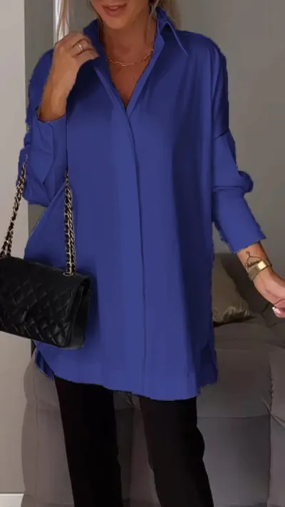 Loose Shirt Office Simple Long Sleeve Solid Color Casual Women Side Slit Blouse