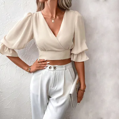 Women Summer Elegant V-Neck Slim-Fit Puff Sleeve Solid Color Crop Blouse