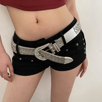Y2k Personalized Women Wide Decorative Rivet Rhinestone Fashion PU Leather Belt Pin Buckle
