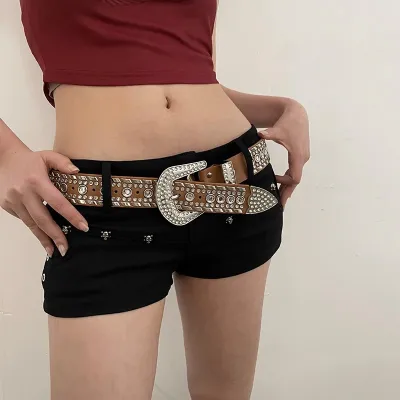 Y2k Personalized Women Wide Decorative Rivet Rhinestone Fashion PU Leather Belt Pin Buckle