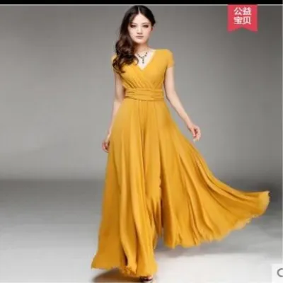 Women Elegant Solid Color V-Neck Short Sleeve Chiffon Maxi Dress