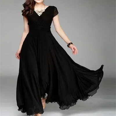 Women Elegant Solid Color V-Neck Short Sleeve Chiffon Maxi Dress