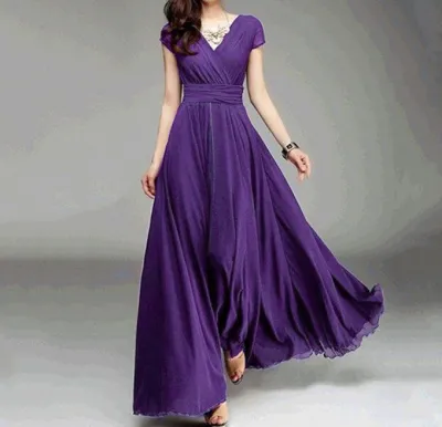 Women Elegant Solid Color V-Neck Short Sleeve Chiffon Maxi Dress