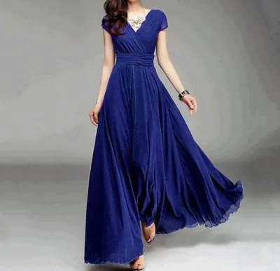 Women Elegant Solid Color V-Neck Short Sleeve Chiffon Maxi Dress