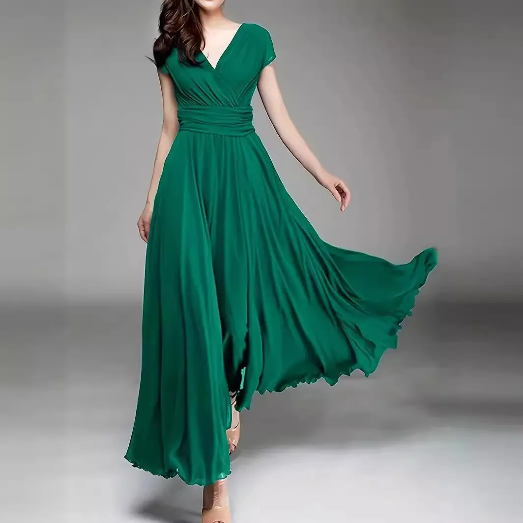 Women Elegant Solid Color V-Neck Short Sleeve Chiffon Maxi Dress
