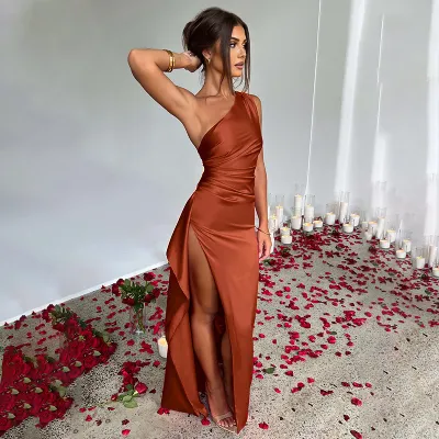 Women Sexy Slant Shoulder Side Split Maxi Dress