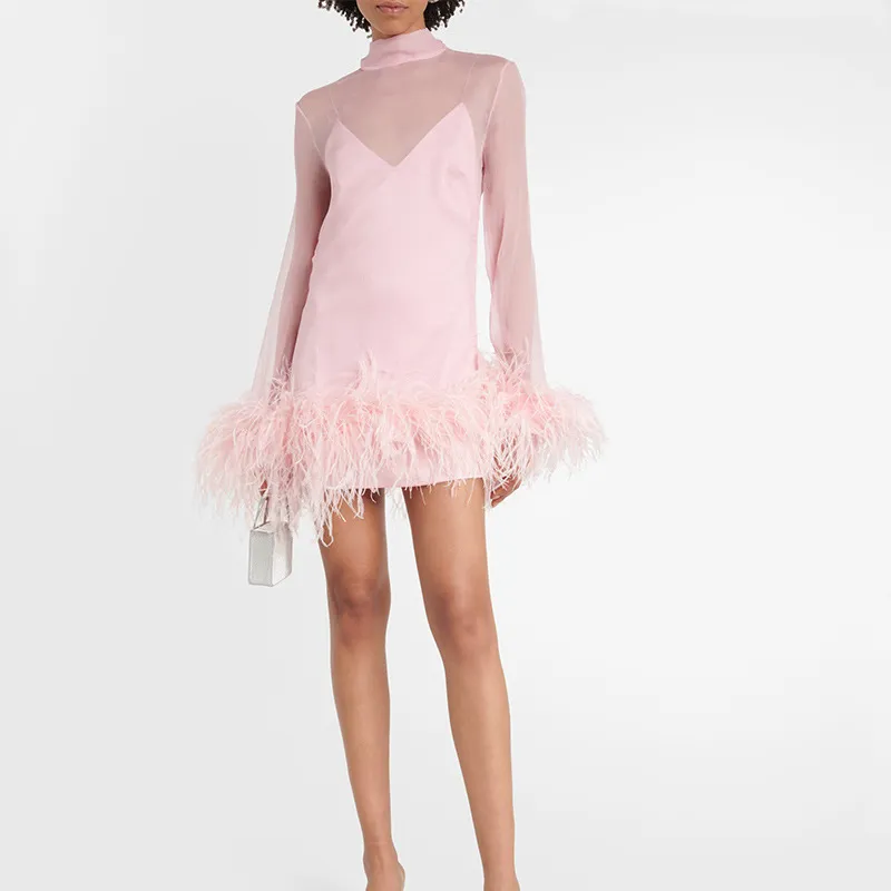 Women Feather Socialite Party Dress Long Sleeve V-Neck High Waist