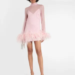 Women Feather Socialite Party Dress Long Sleeve V-Neck High Waist