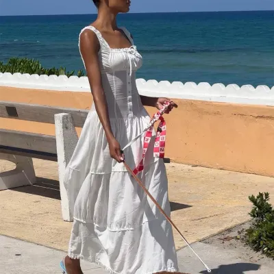 Women Elegant Solid Color Sling Maxi Dress with U Collar and High Waist