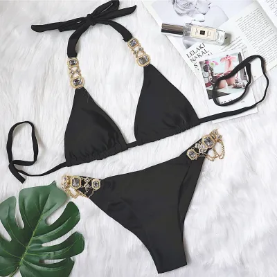 Women Sexy Rhinestone Strap Bikini - Polyester Nylon