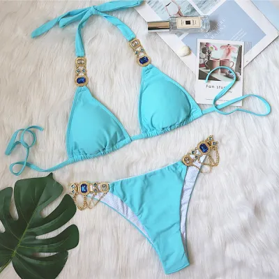 Women Sexy Rhinestone Strap Bikini - Polyester Nylon