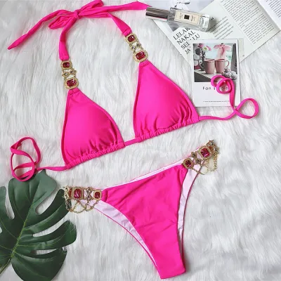 Women Sexy Rhinestone Strap Bikini - Polyester Nylon