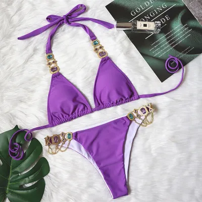 Women Sexy Rhinestone Strap Bikini - Polyester Nylon