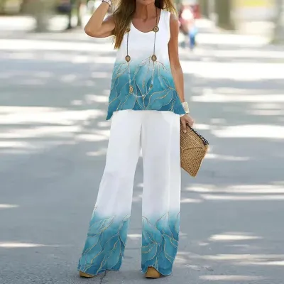 Women Casual Printed Wide-Leg Pants Set Urban Wind Style